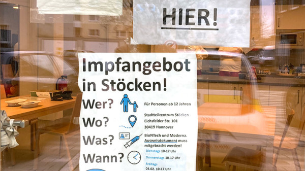 Eingang Impfstation Stadtteilzentrum Stöcken, Februar 2022